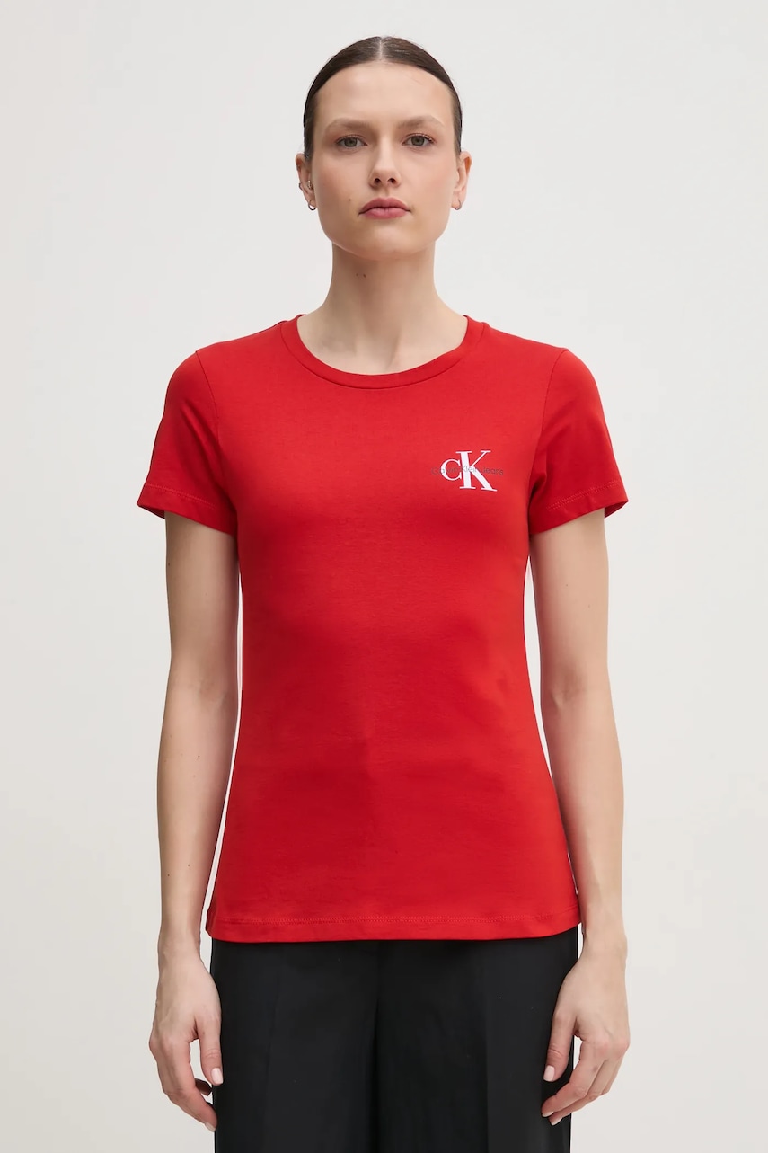 Βαμβακερό μπλουζάκι Calvin Klein Jeans 2-pack γυναικείο, χρώμα: κόκκινο, J20J219734
