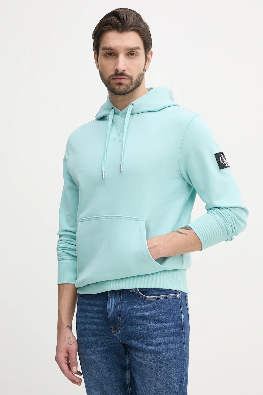 Βαμβακερή μπλούζα Calvin Klein Jeans χρώμα: τιρκουάζ, με κουκούλα, J30J323430