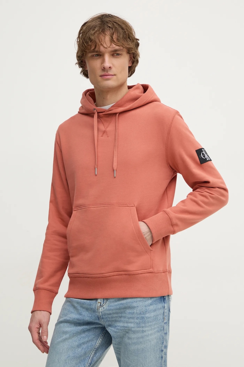 Βαμβακερή μπλούζα Calvin Klein Jeans χρώμα: πορτοκαλί, με κουκούλα, J30J323430