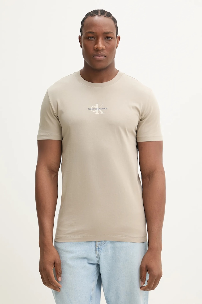 Βαμβακερό μπλουζάκι Calvin Klein Jeans ανδρικά, χρώμα: μπεζ, J30J325649
