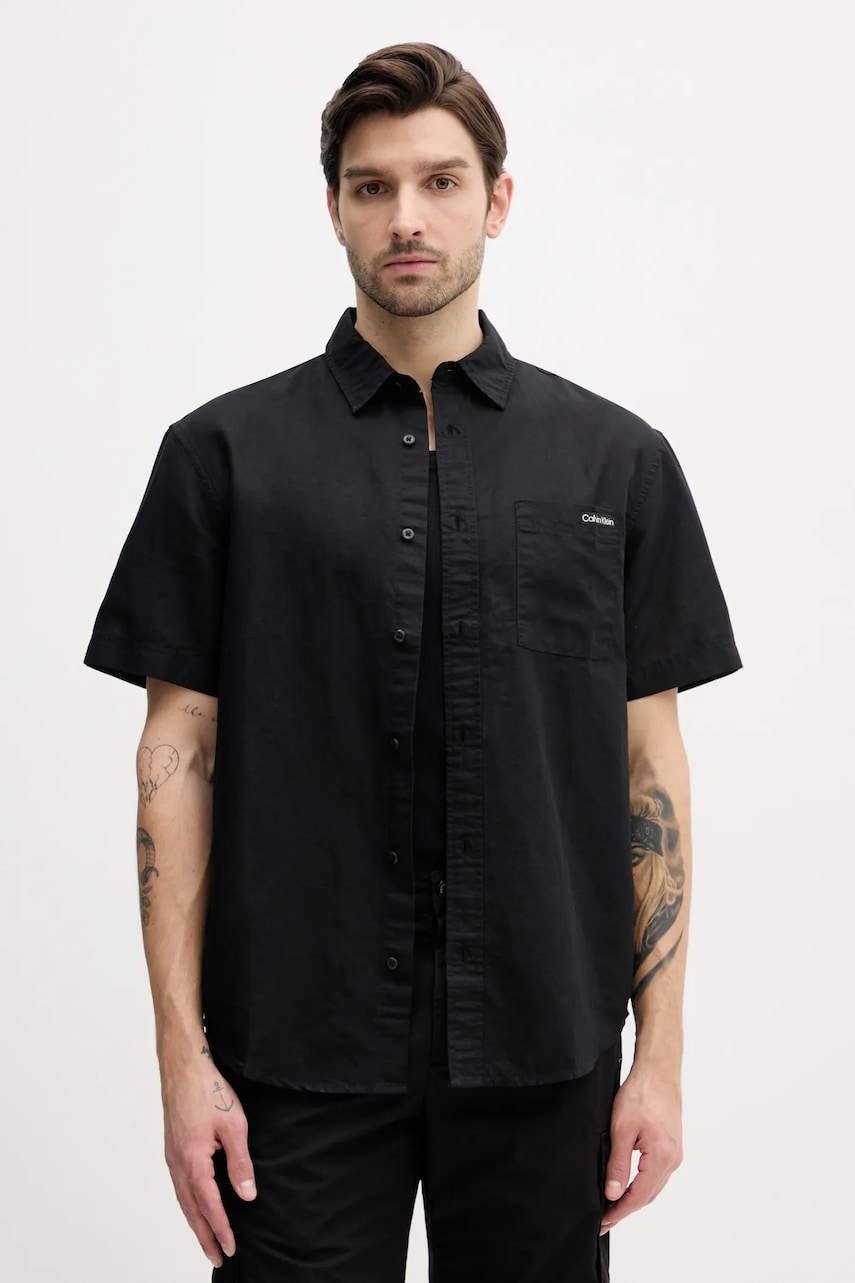 Πουκάμισο από λινό Calvin Klein Jeans ανδρικό, χρώμα: μαύρο, J30J327296