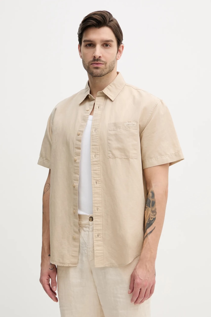 Πουκάμισο από λινό Calvin Klein Jeans ανδρικό, χρώμα: μπεζ, J30J327296