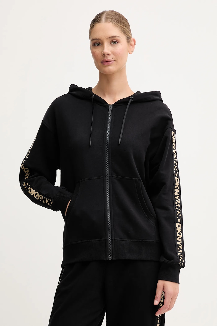 Βαμβακερή μπλούζα Dkny γυναικεία, χρώμα: μαύρο, με κουκούλα, DP5J9645