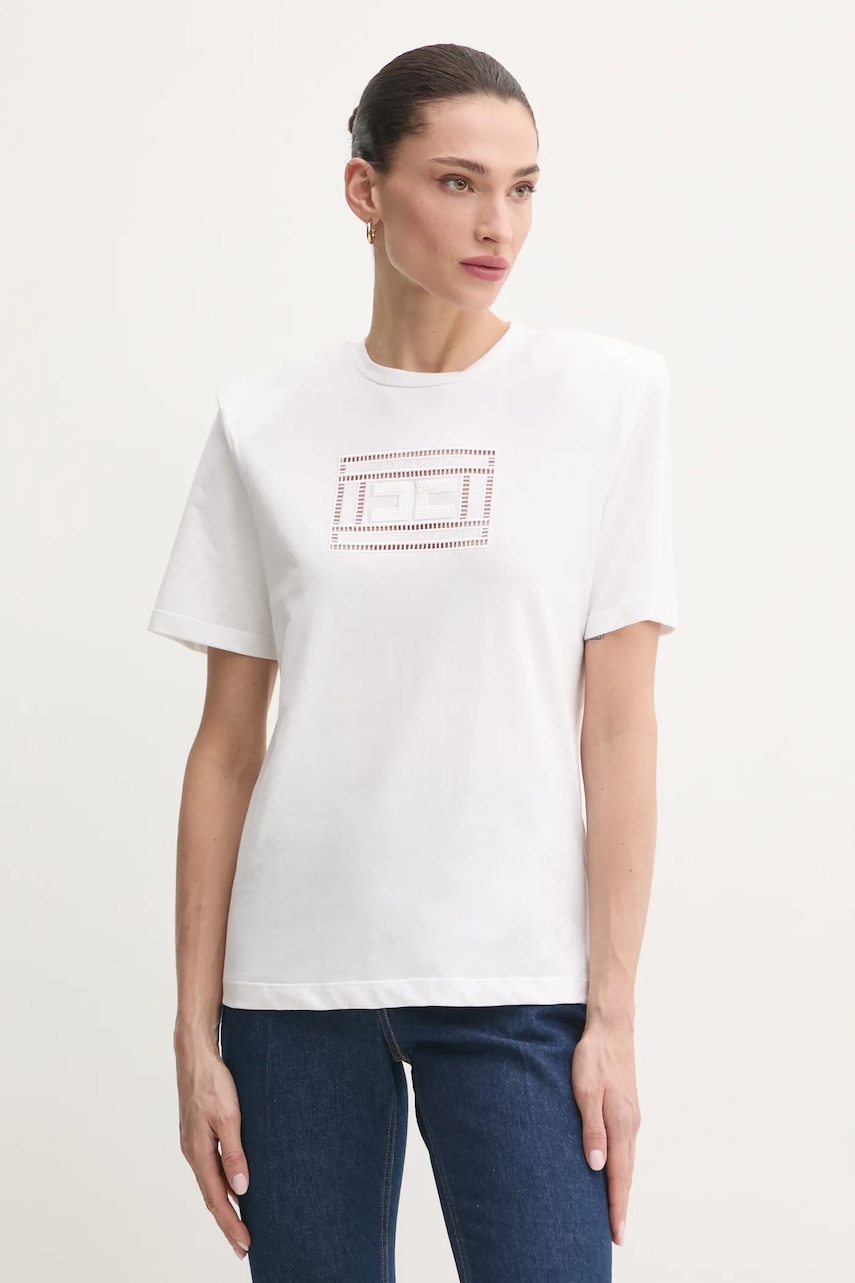 Βαμβακερό μπλουζάκι Elisabetta Franchi γυναικείο, χρώμα: άσπρο, MA01651E2