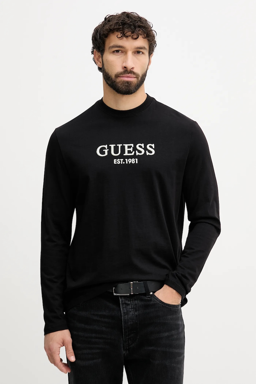 Βαμβακερή μπλούζα με μακριά μανίκια Guess χρώμα: μαύρο, M5BI0S K8FQ4