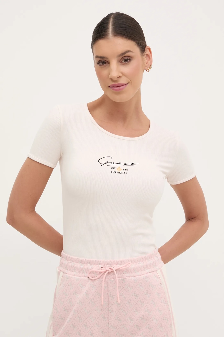 Μπλουζάκι Guess SUZANNE χρώμα: μπεζ, V5RP00 KBCO2