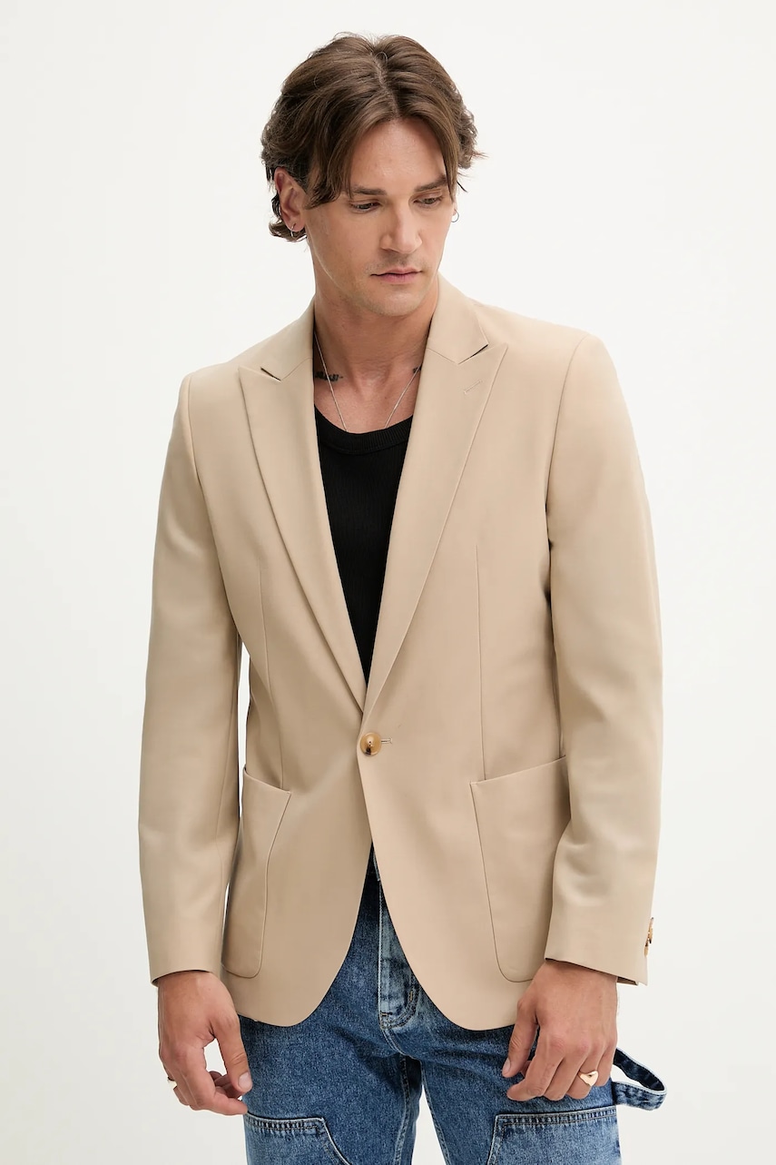 Μάλλινο σακάκι HUGO ανδρικό, χρώμα: μπεζ, 50547465