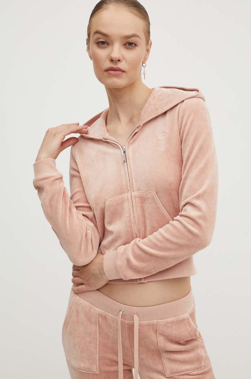 Βελούδινη μπλούζα Juicy Couture HERITAGE ROBYN HOODIE χρώμα: μπεζ, με κουκούλα, JCSEBJ007