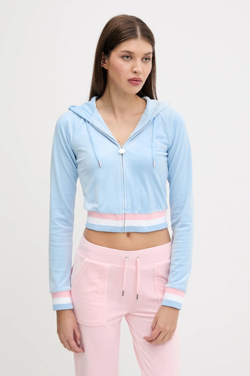 Μπλούζα Juicy Couture VELOUR CROPPED STRIPE HOODIE χρώμα: μπλε, με κουκούλα, JCWAS225351