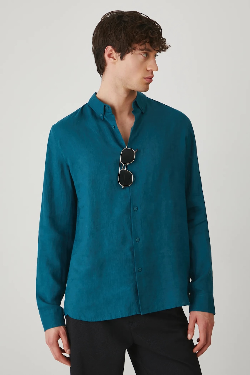 Πουκάμισο από λινό Medicine ανδρικό, χρώμα: πράσινο