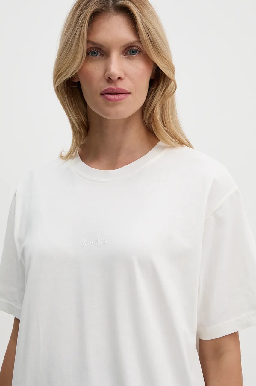 Βαμβακερό μπλουζάκι Nanushka REECE γυναικείο, χρώμα: μπεζ, NU24CRSH00300