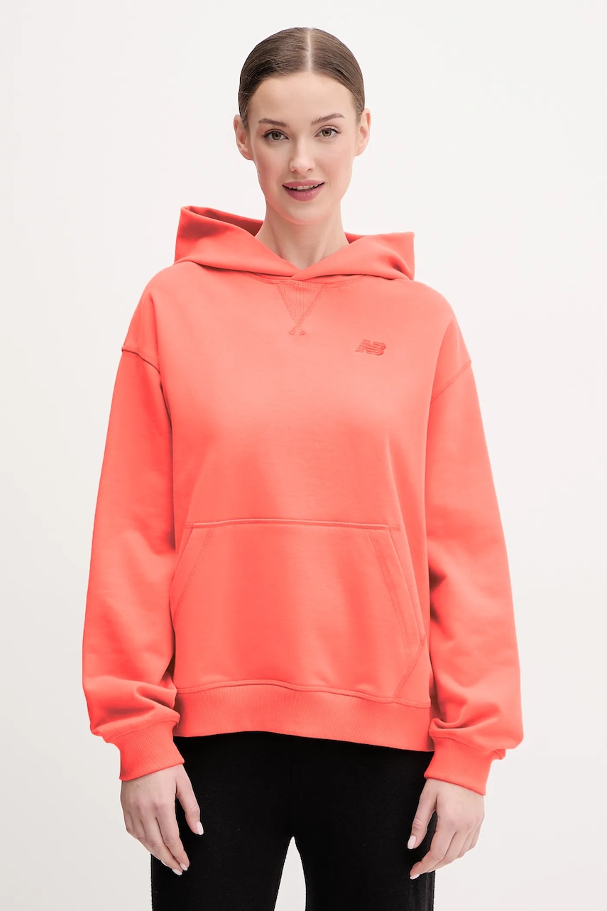 Βαμβακερή μπλούζα New Balance γυναικεία, χρώμα: πορτοκαλί, με κουκούλα, WT41537DTR