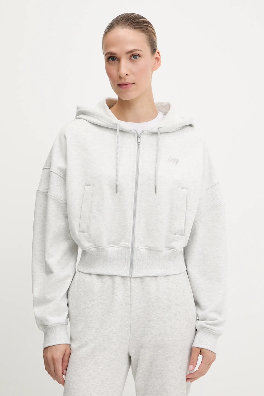 Βαμβακερή μπλούζα New Balance γυναικεία, χρώμα: γκρι, με κουκούλα, WJ51506AHH