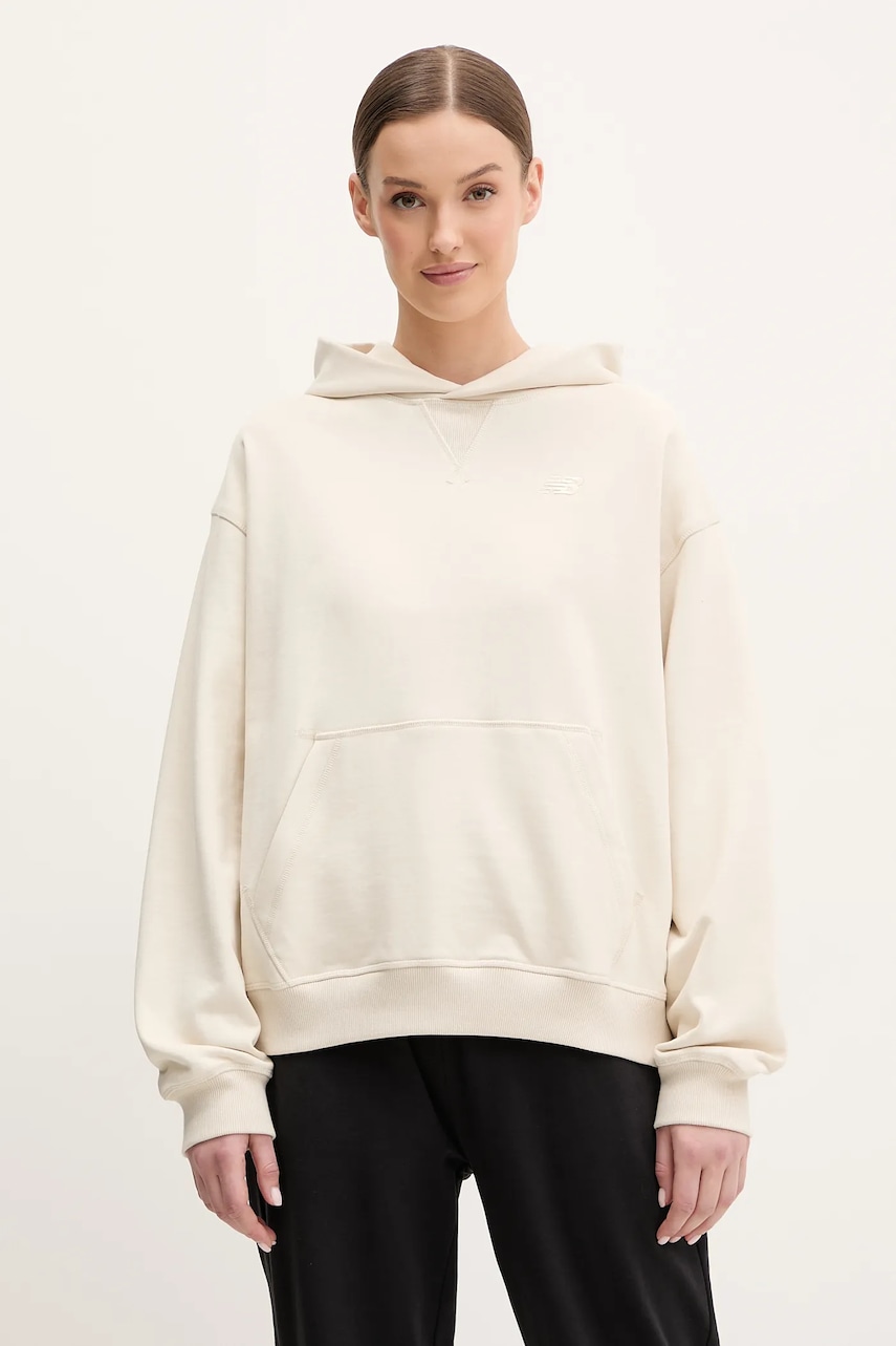 Βαμβακερή μπλούζα New Balance γυναικεία, χρώμα: μπεζ, με κουκούλα, WT41537LIN