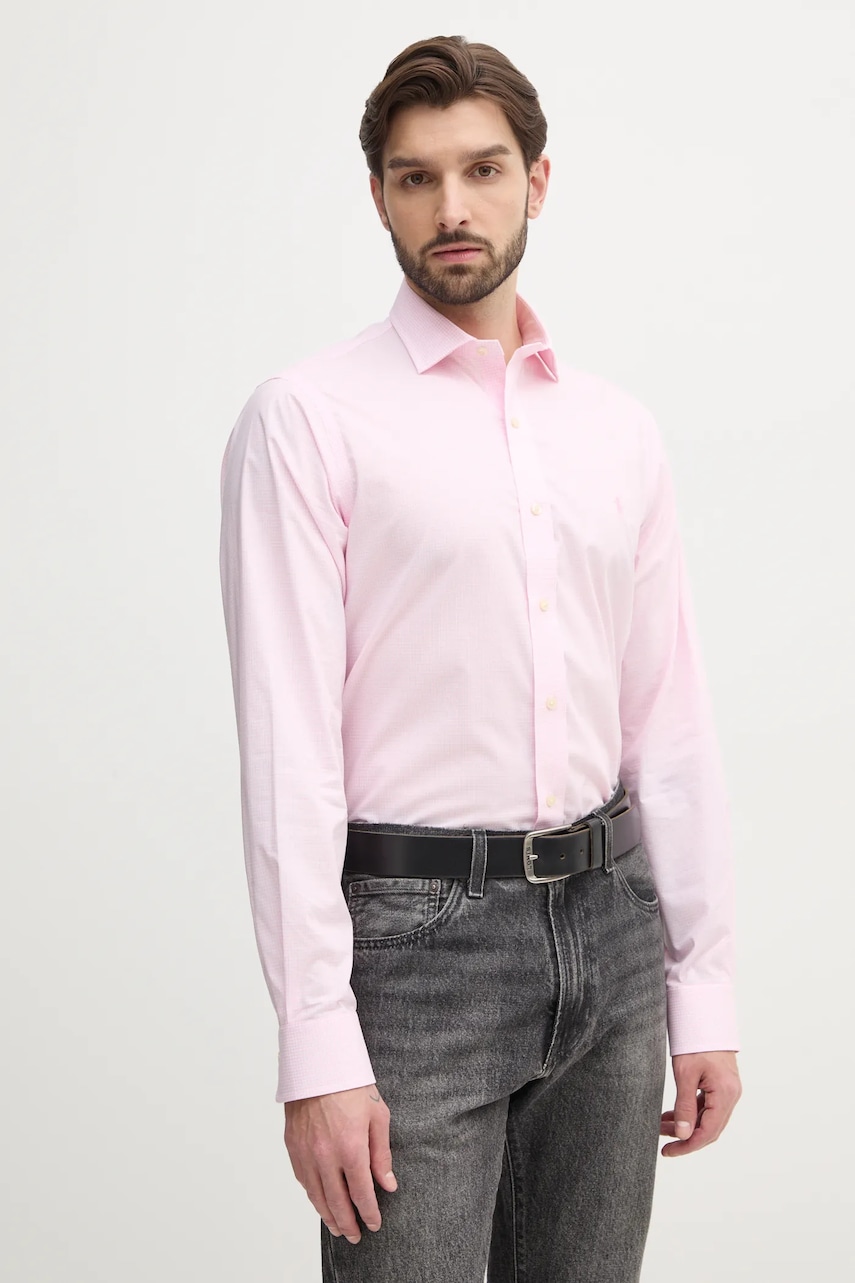 Βαμβακερό πουκάμισο Polo Ralph Lauren ανδρικό, χρώμα: ροζ, 712969006