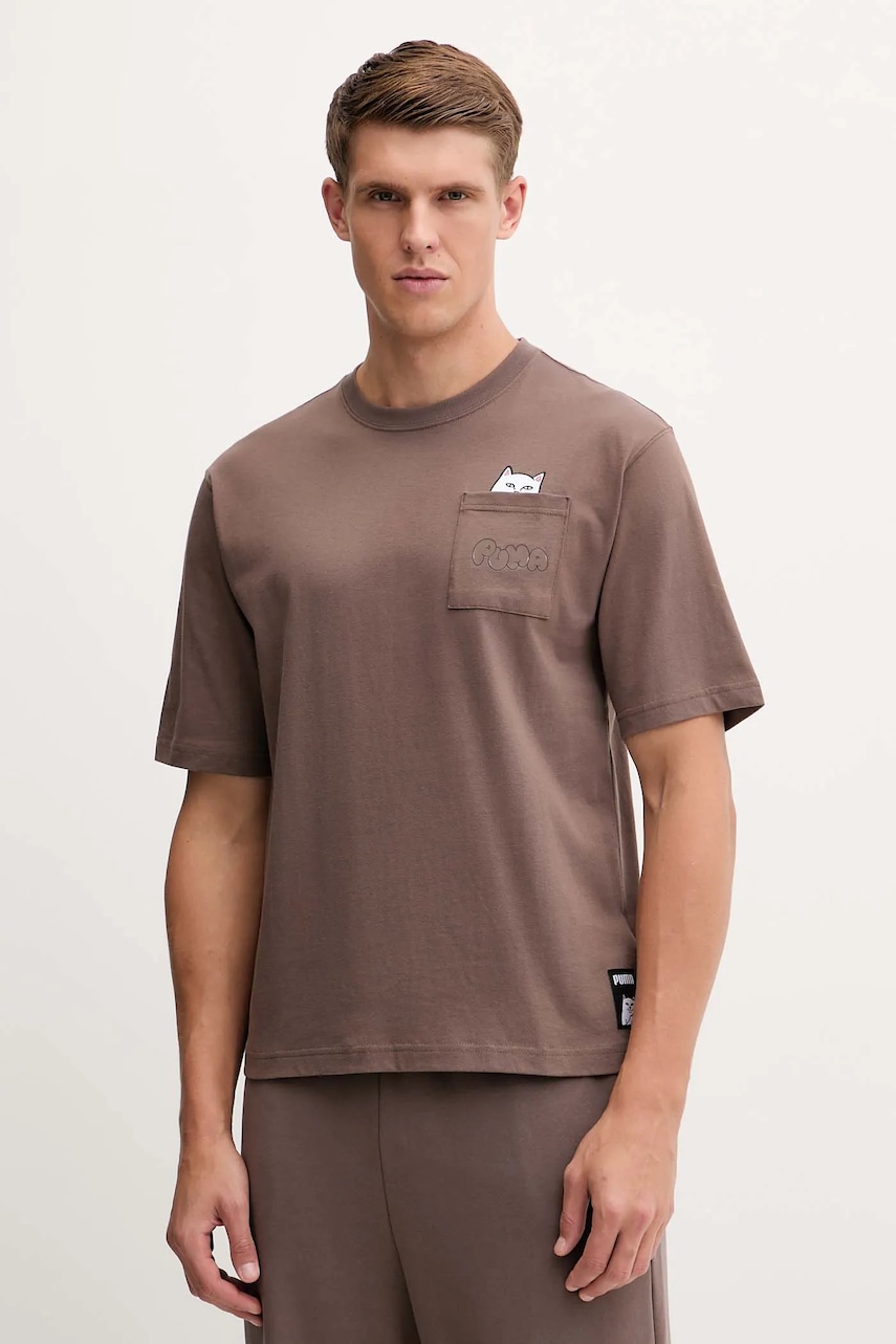 Βαμβακερό μπλουζάκι Puma PUMA x RIPNDIP ανδρικό, χρώμα: καφέ, 633779