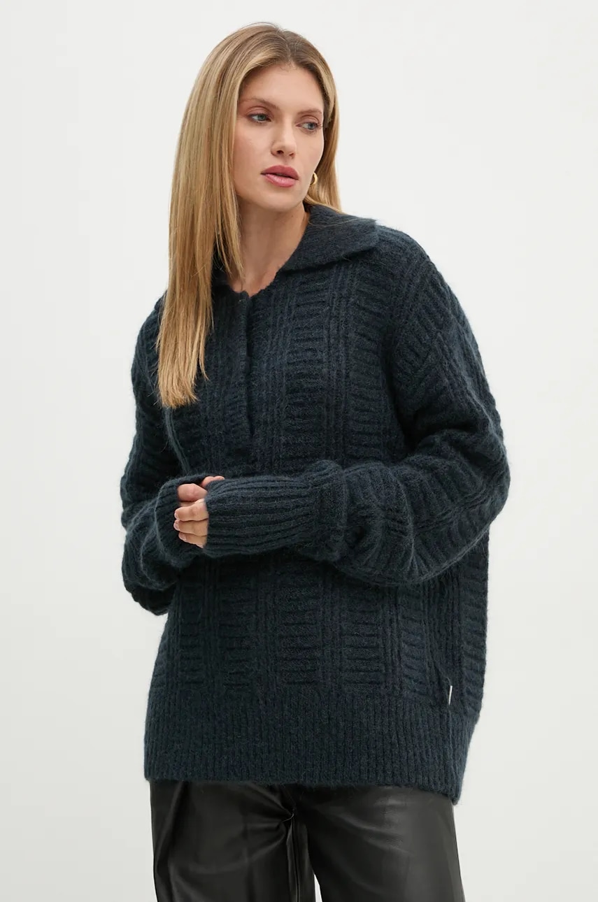 Μάλλινο πουλόβερ Remain γυναικείο, χρώμα: ναυτικό μπλε, 502025