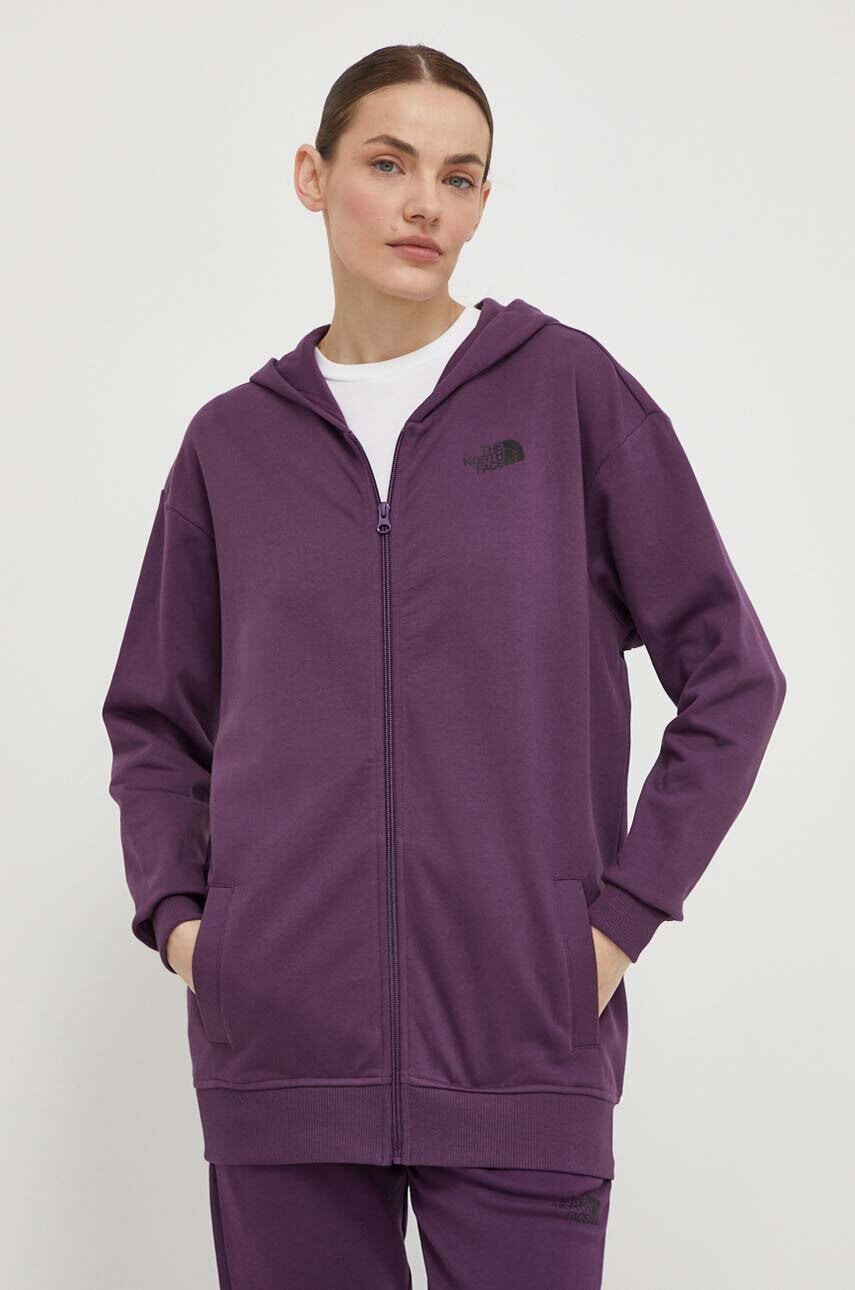 Βαμβακερή μπλούζα The North Face γυναικεία, χρώμα: μοβ, με κουκούλα, NF0A87E3V6V1