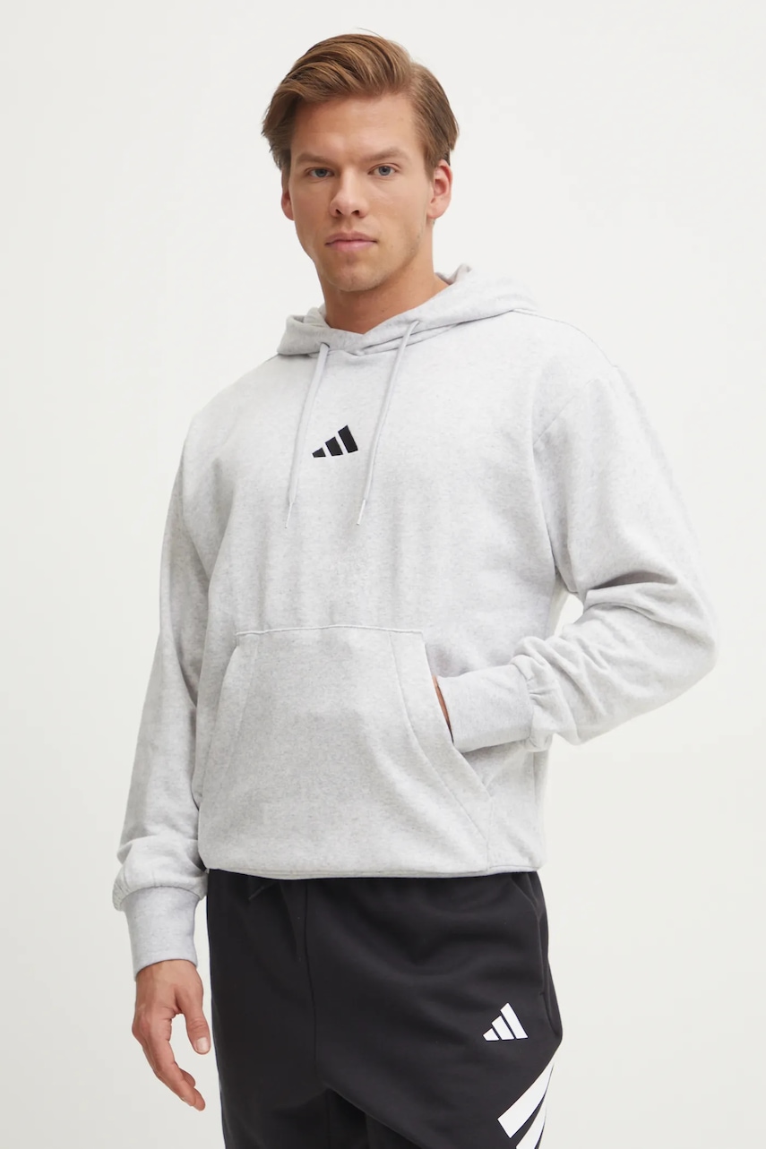 Μπλούζα adidas Feelcozy χρώμα: γκρι, με κουκούλα, JE3803