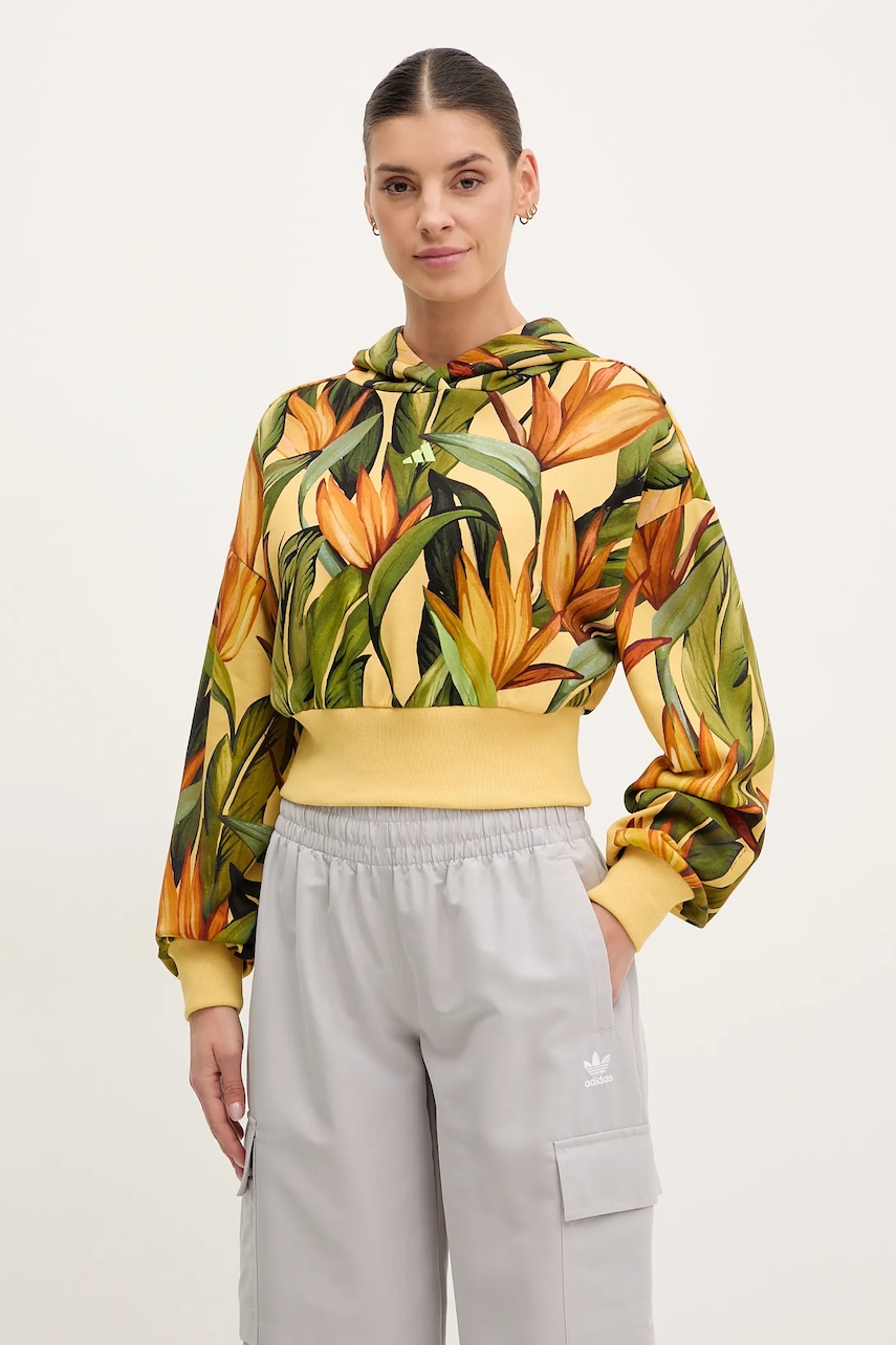 Βαμβακερή μπλούζα adidas x Farm Rio γυναικεία, χρώμα: κίτρινο, με κουκούλα, JD6282