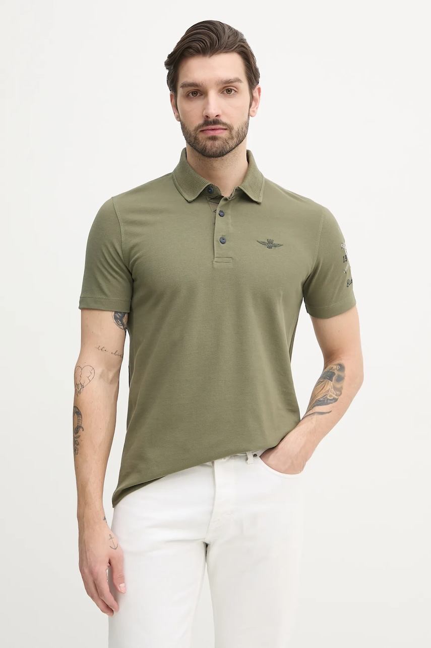 Βαμβακερό μπλουζάκι πόλο Aeronautica Militare ανδρικό, χρώμα: πράσινο, PO1866P310