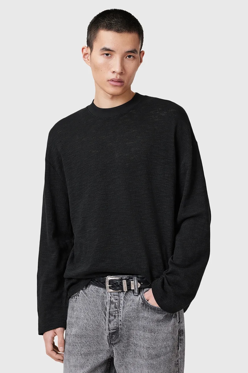 Βαμβακερή μπλούζα με μακριά μανίκια AllSaints FOSTER ανδρικό, χρώμα: μαύρο, M026JC