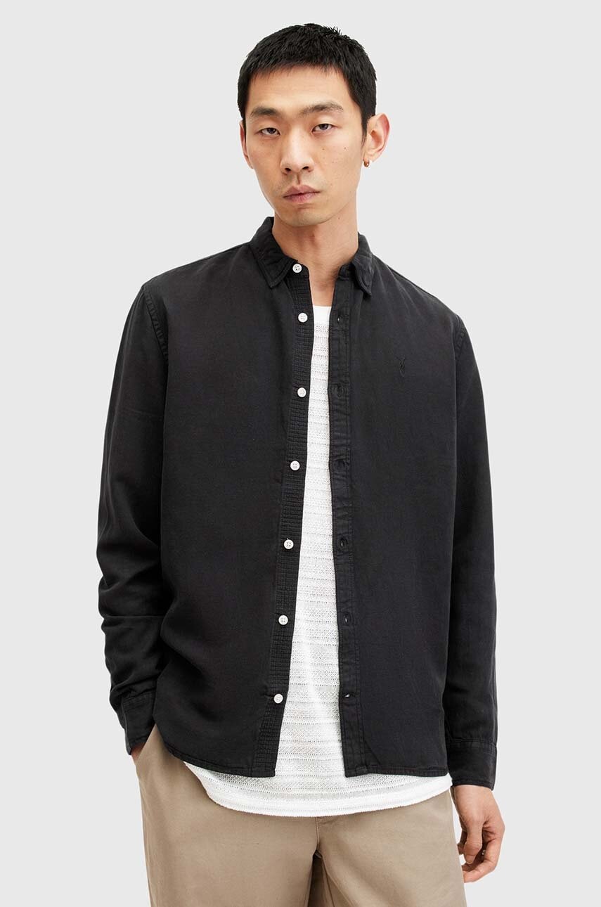 Πουκάμισο με μείγμα από λινό AllSaints LAGUNA LS SHIRT χρώμα: μαύρο, M160SB