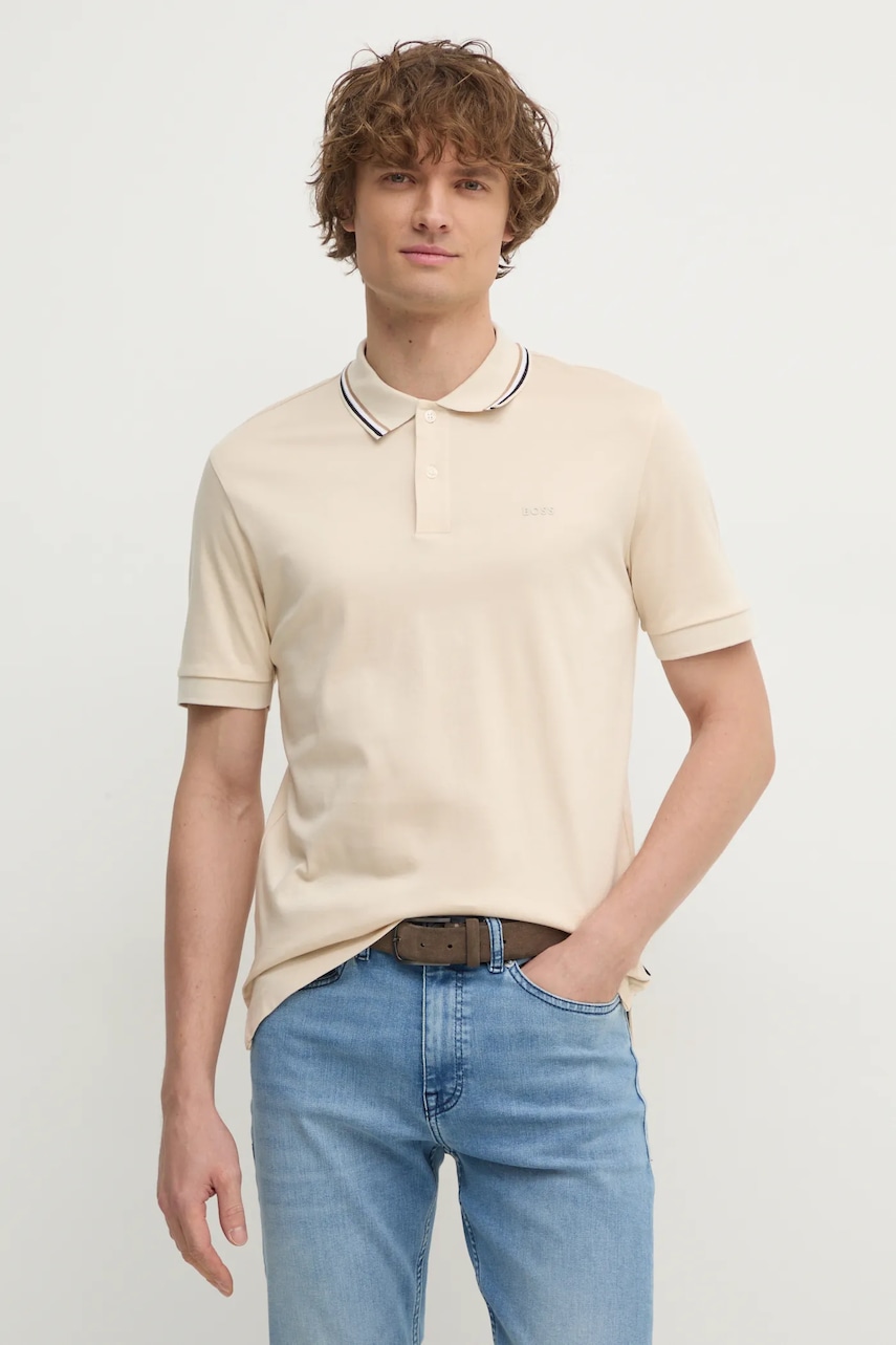 Βαμβακερό μπλουζάκι πόλο BOSS χρώμα: μπεζ, 50469360