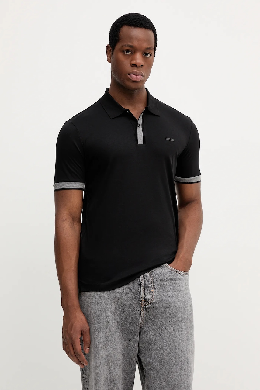 Βαμβακερό μπλουζάκι πόλο BOSS ανδρικό, χρώμα: μαύρο, 50543865