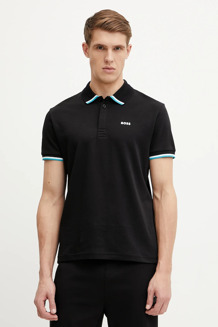 Βαμβακερό μπλουζάκι πόλο BOSS Green ανδρικό, χρώμα: μαύρο, 50538185