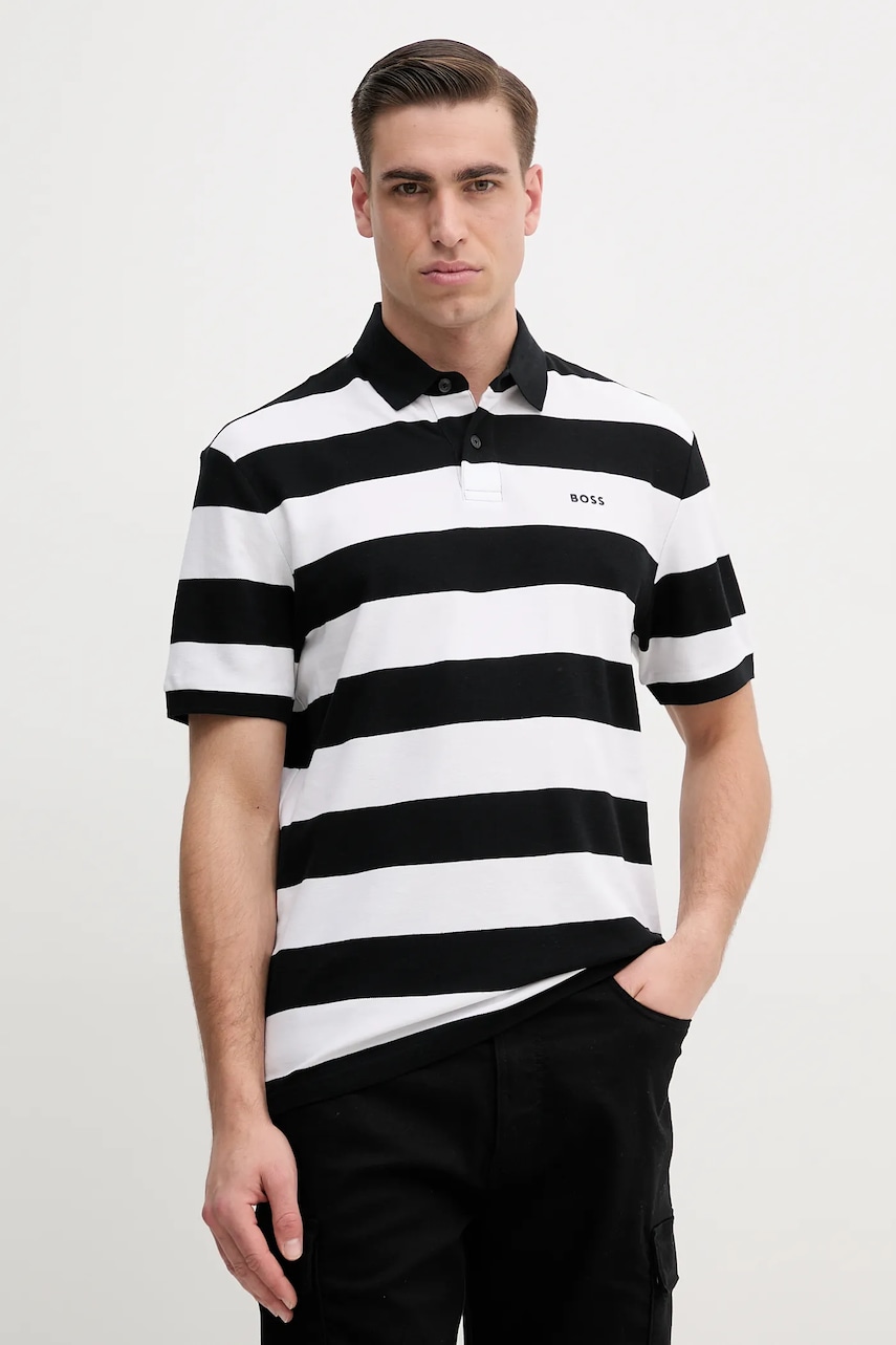 Βαμβακερό μπλουζάκι πόλο BOSS Orange ανδρικό, χρώμα: μαύρο, 50508327