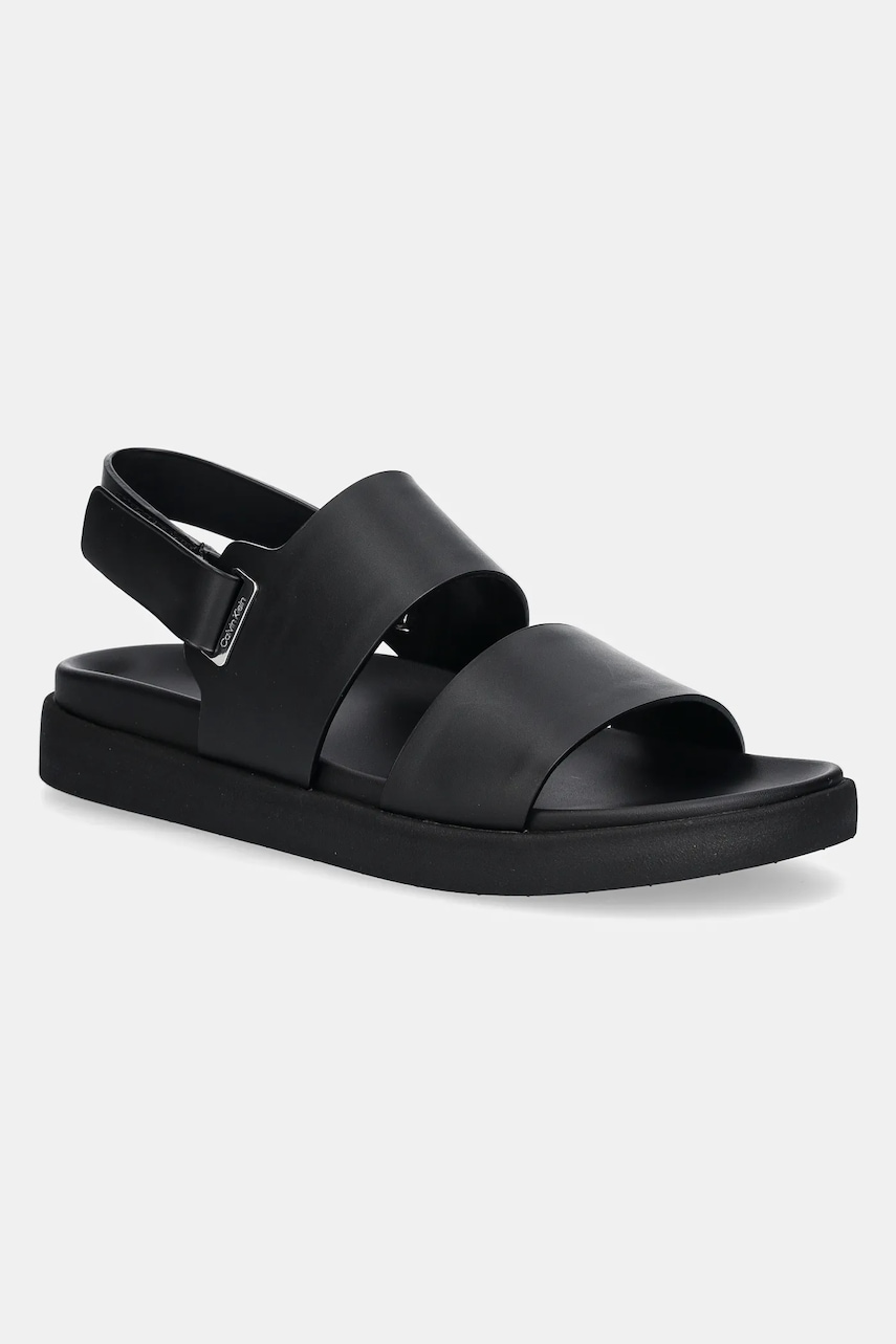 Δερμάτινα σανδάλια Calvin Klein FLAT ADJ SANDAL EYELET χρώμα: μαύρο, HW0HW02488