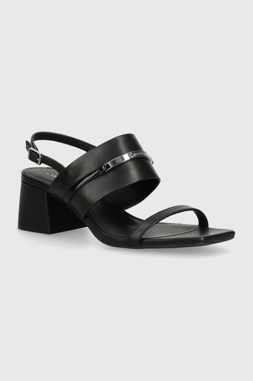 Δερμάτινα σανδάλια Calvin Klein HEEL SANDAL 45 MET BAR LTH χρώμα: μαύρο, HW0HW02056