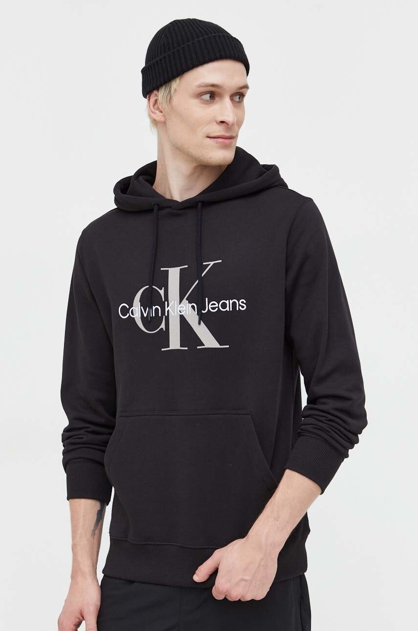 Βαμβακερή μπλούζα Calvin Klein Jeans χρώμα: μαύρο, με κουκούλα