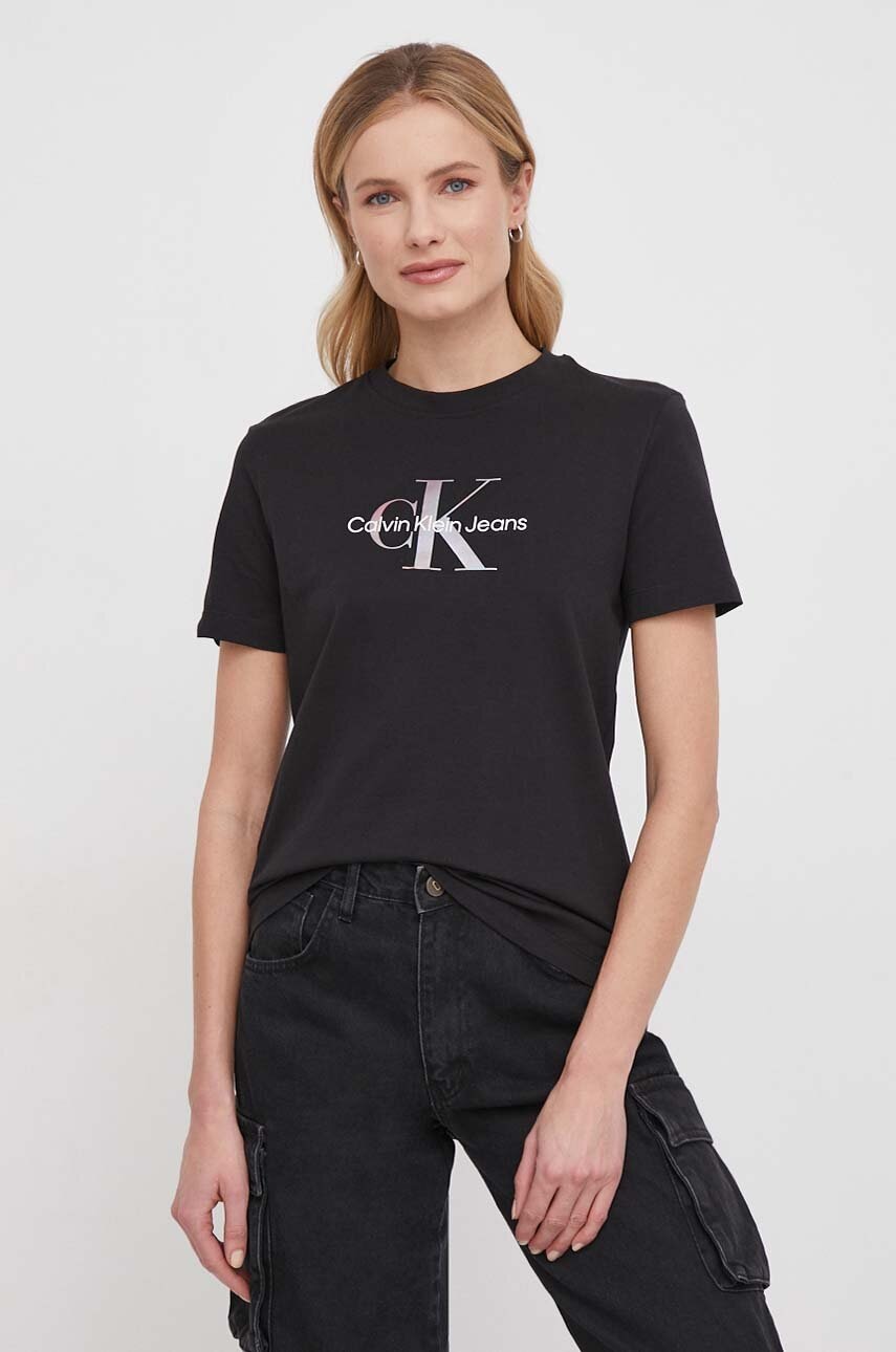 Βαμβακερό μπλουζάκι Calvin Klein Jeans γυναικεία, χρώμα: μαύρο