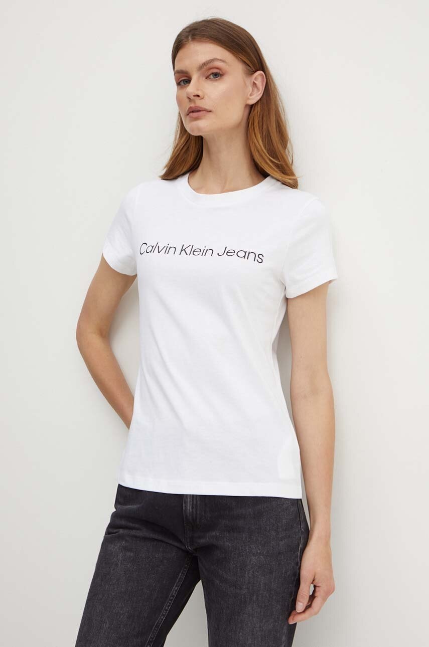 Βαμβακερό μπλουζάκι Calvin Klein Jeans γυναικείο, χρώμα: άσπρο, J20J220253