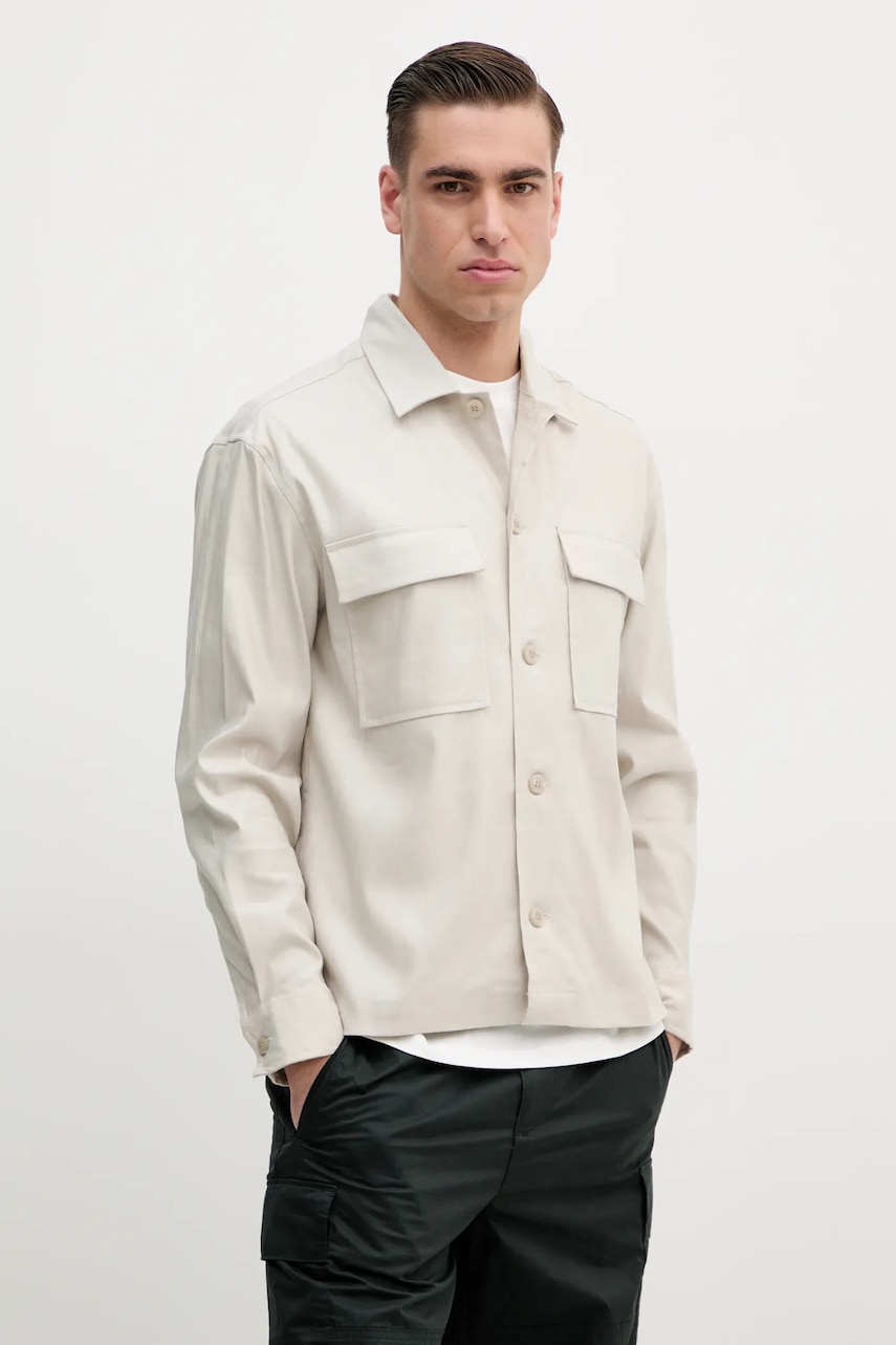 Πουκάμισο με μείγμα από λινό Calvin Klein χρώμα: μπεζ, K10K114191