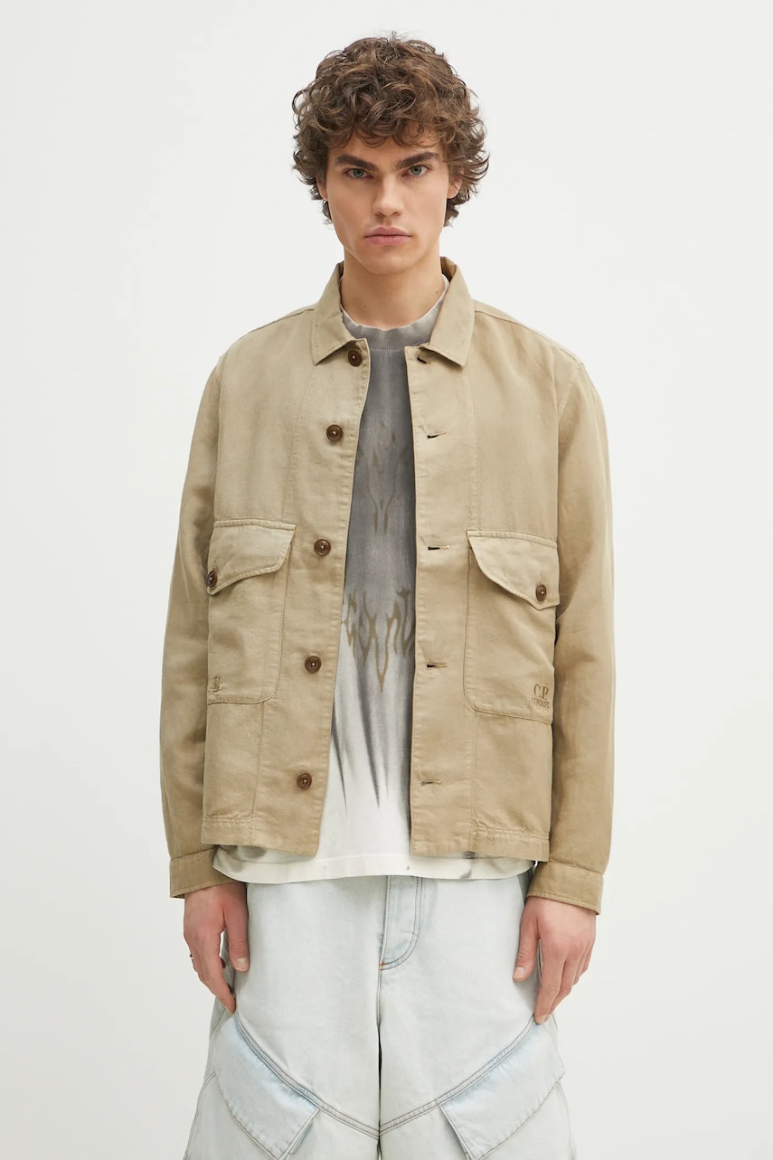 Πουκάμισο με μείγμα από λινό C.P. Company ανδρικό, χρώμα: πράσινο, 18CMOS242A006501G