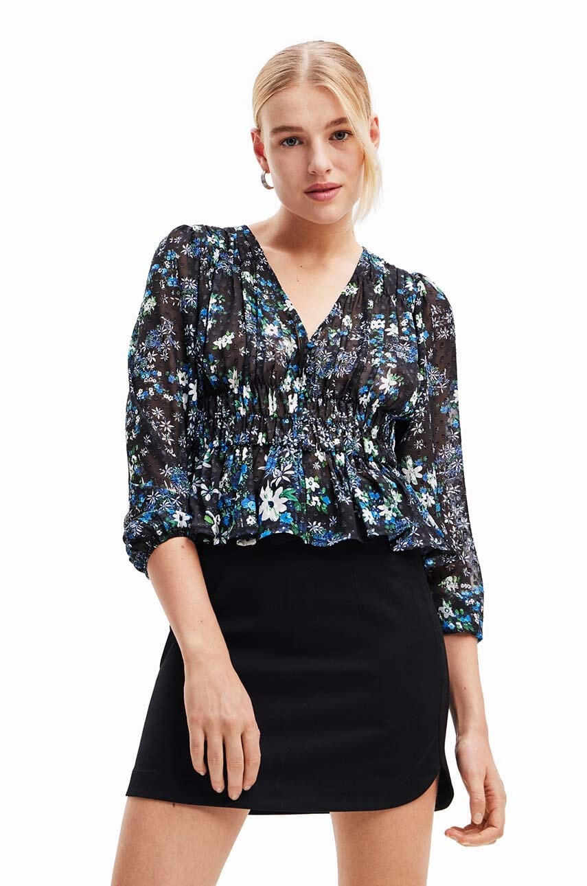 Μπλουζάκι Desigual 23WWBW06 WOMAN WOVEN BLOUSE LONG SLEEVE χρώμα: ναυτικό μπλε