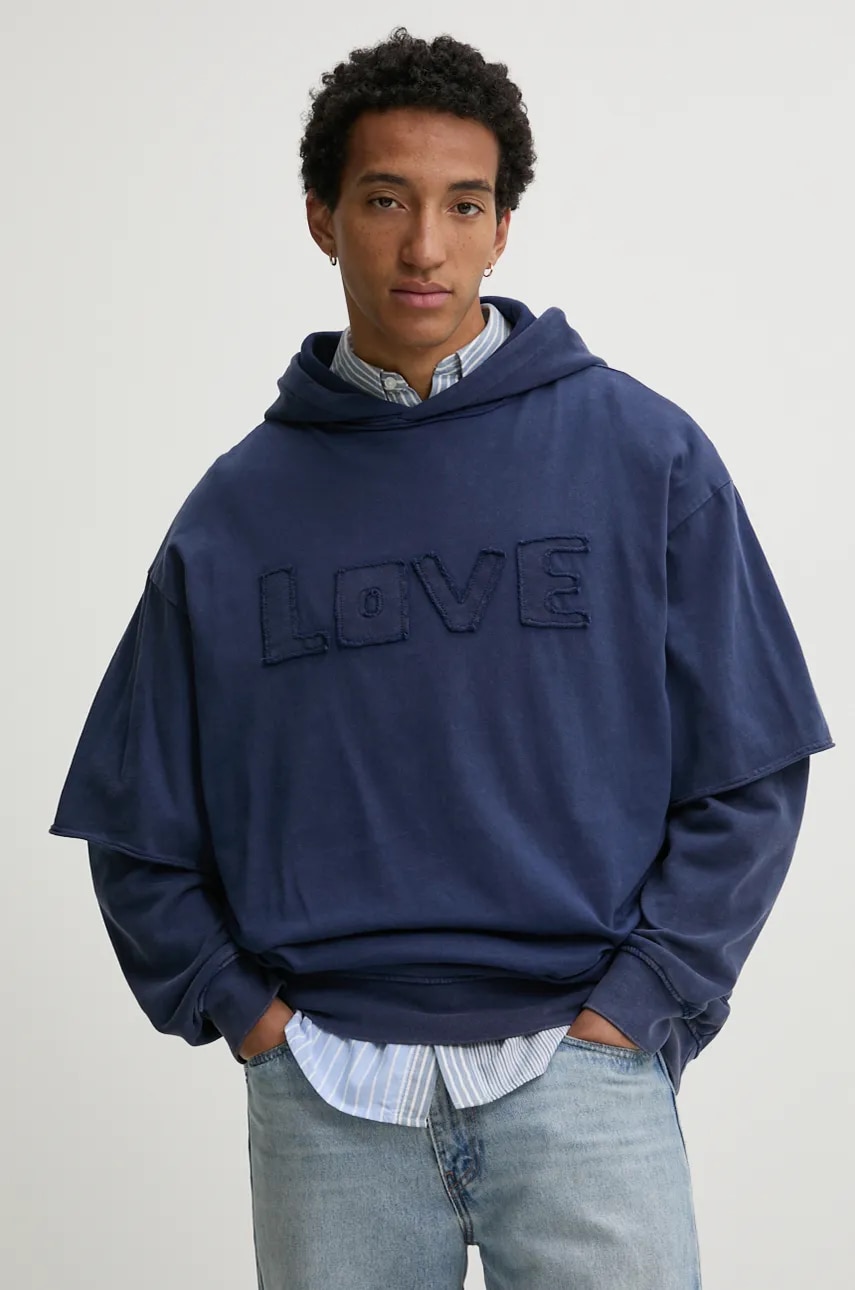 Βαμβακερή μπλούζα Desigual NUEVOMEXICO χρώμα: ναυτικό μπλε, με κουκούλα, 24WMSK19