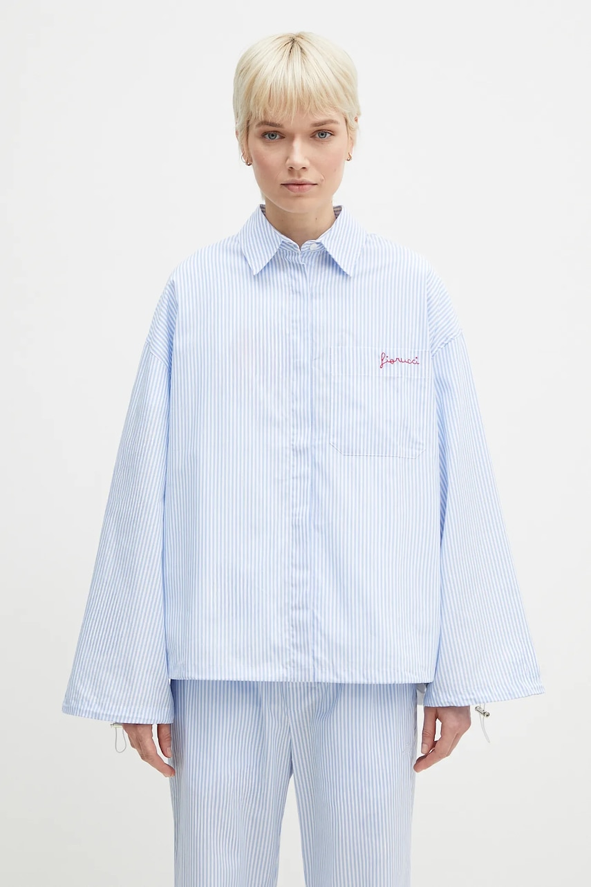 Βαμβακερό πουκάμισο Fiorucci Striped Embroidered Drawstring Shirt χρώμα: μπλε, W02SPTLO170CO01BL02