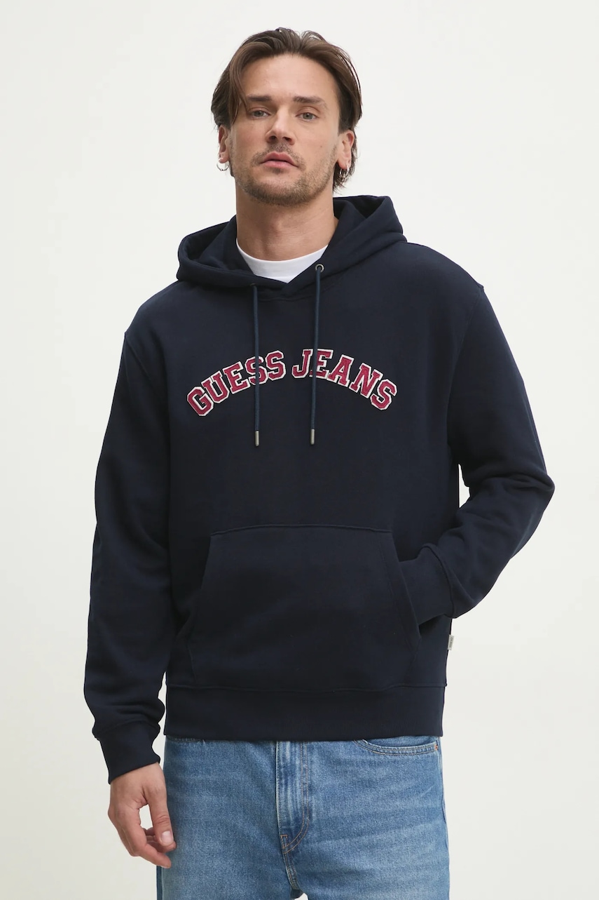 Βαμβακερή μπλούζα Guess Jeans χρώμα: ναυτικό μπλε, με κουκούλα, M5RQ44 KCPR1