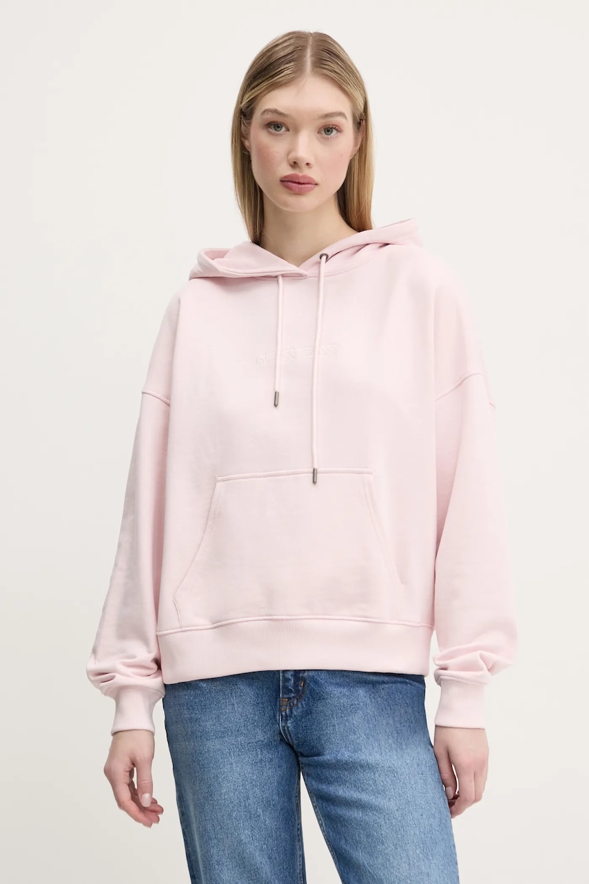 Βαμβακερή μπλούζα Guess Jeans γυναικεία, χρώμα: ροζ, με κουκούλα, W5RQ27 K68I4