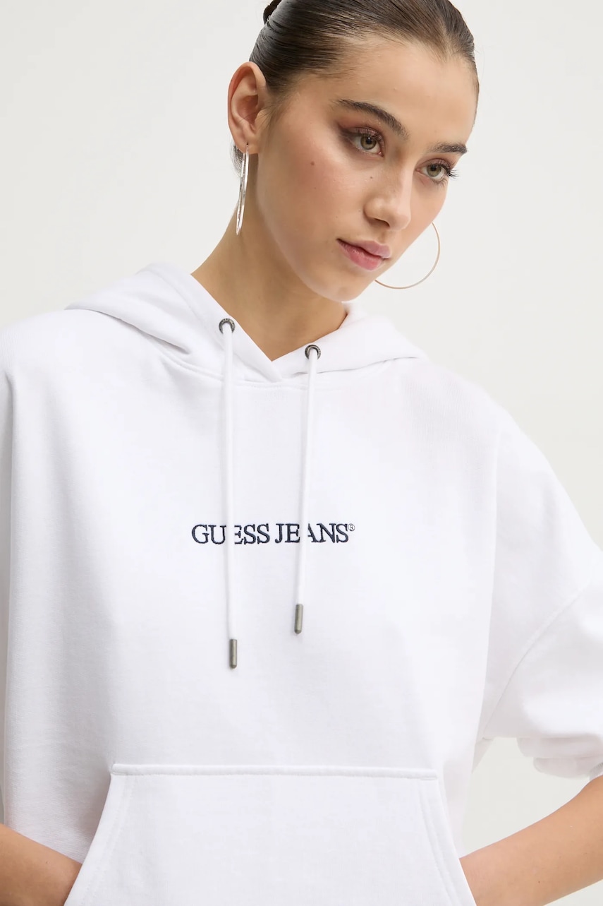 Βαμβακερή μπλούζα Guess Jeans γυναικεία, χρώμα: άσπρο, με κουκούλα, W5RQ27 K68I4