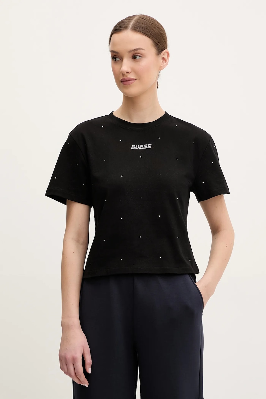 Βαμβακερό μπλουζάκι Guess PRIMULA γυναικείο, χρώμα: μαύρο, V5GI00 I3Z14