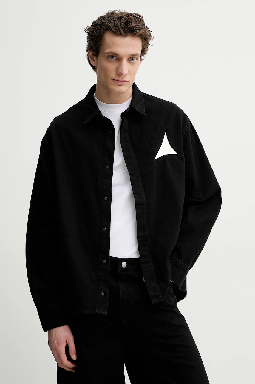 Τζιν πουκάμισο Heliot Emil ανδρικό, χρώμα: μαύρο, SS25_M_05_066_BLK01