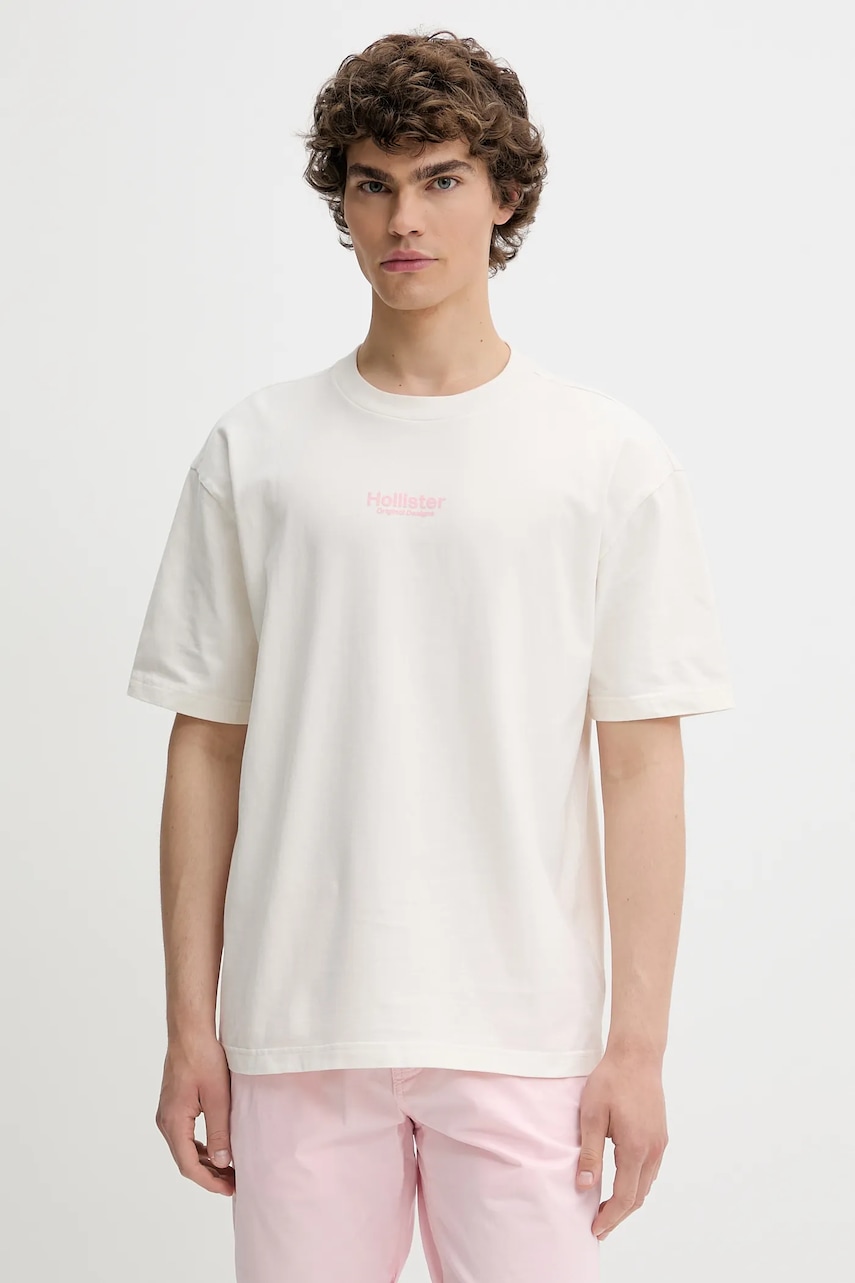 Βαμβακερό μπλουζάκι Hollister Co. ανδρικά, χρώμα: μπεζ, KI323-5007