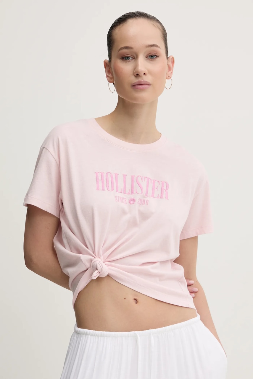 Βαμβακερό μπλουζάκι Hollister Co. γυναικείο, χρώμα: ροζ, KI357-5000
