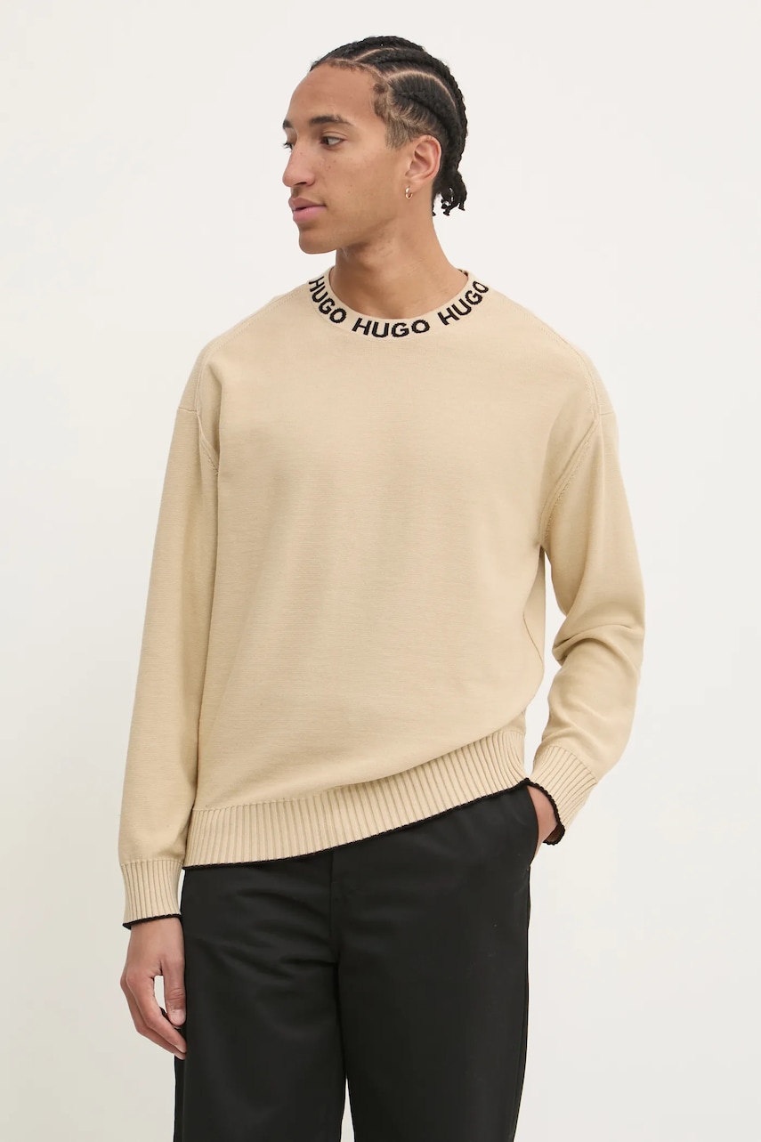 Βαμβακερό πουλόβερ HUGO ανδρικά, χρώμα: μπεζ