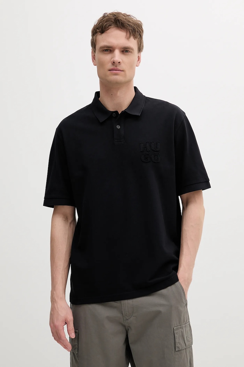 Βαμβακερό μπλουζάκι πόλο HUGO ανδρικό, χρώμα: μαύρο, 50535286